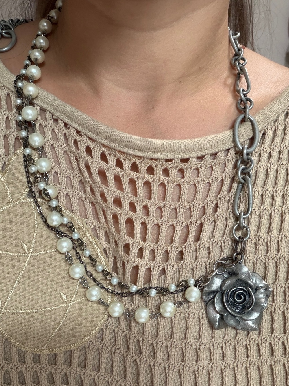 Vintage Pearl & Gunmetal Rose Statement Necklace Adjustable Romantic Grunge